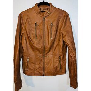 Lulus Women's Brown Vegan Leather Moto Jacket With Zipper Pockets Size L